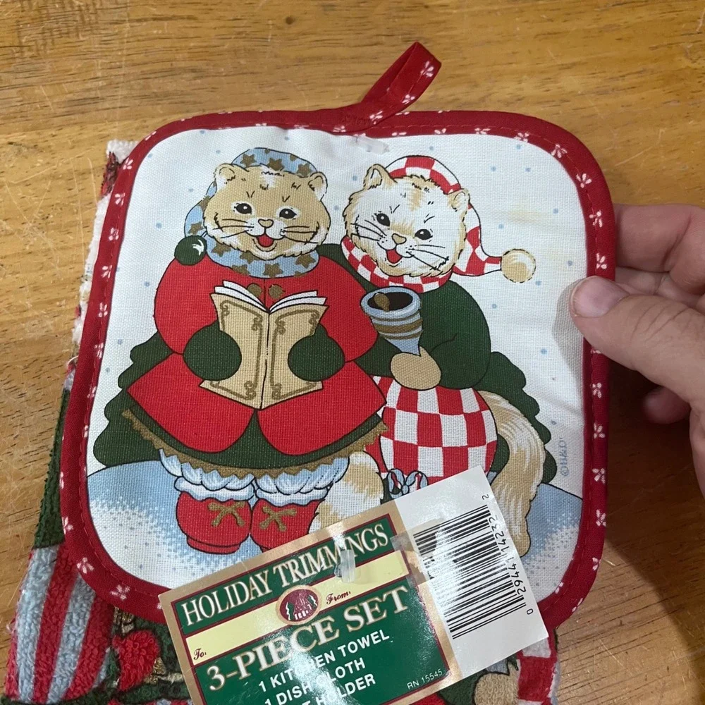 Vtg Holiday Trimmings Caroling Cats 3pc Kitchen Towel Dish Cloth Pot Holder Set